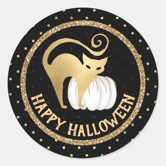 White Pumpkin und Gold Cat Polka Punkte Halloween Runder Aufkleber (Vorderseite)