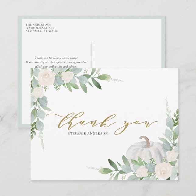 White Pumpkin und Greenery Herbst Vielen Dank Postkarte (Vorne/Hinten)