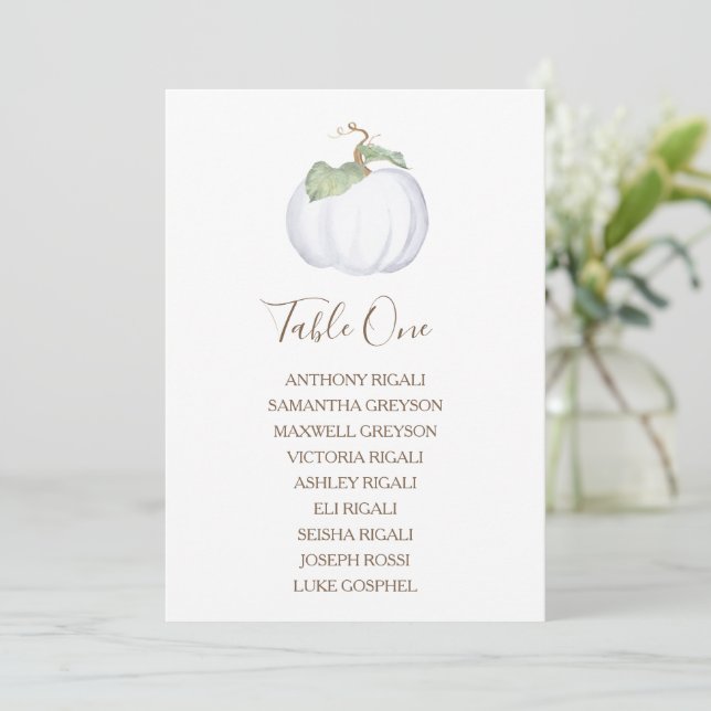 White Pumpkin Wedding Chart, Tischplan Einladung (Stehend Vorderseite)
