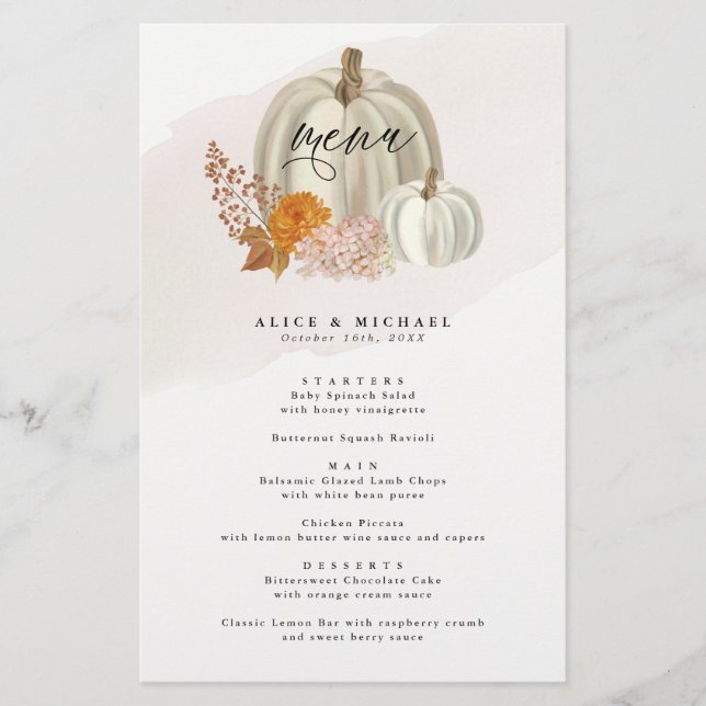 White Pumpkins and Fall Flowers Event Dinner Menu Flyer (Vorne)