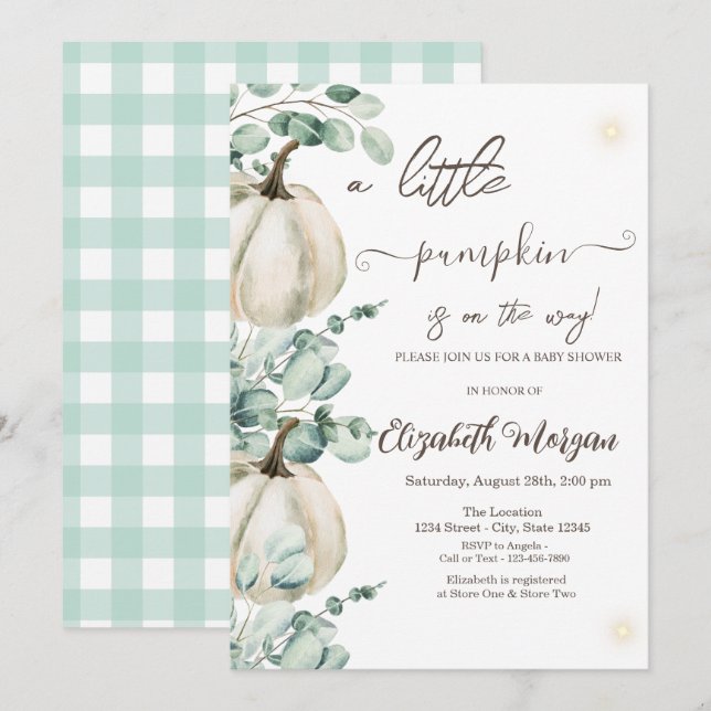 White Pumpkins Greenery Baby Shower Einladung (Vorne/Hinten)