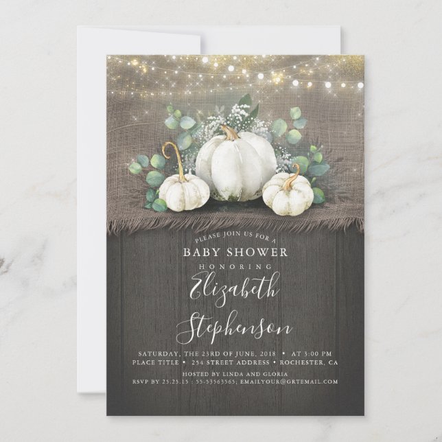 White Pumpkins Rustic Country Fall Baby Dusche Einladung (Vorderseite)