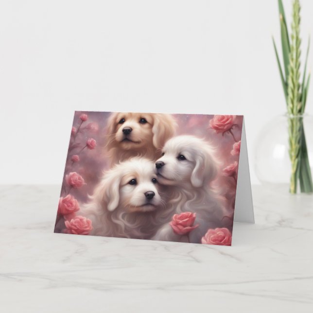White Puppies Pink Roses Valentines Day Karte (Vorderseite)