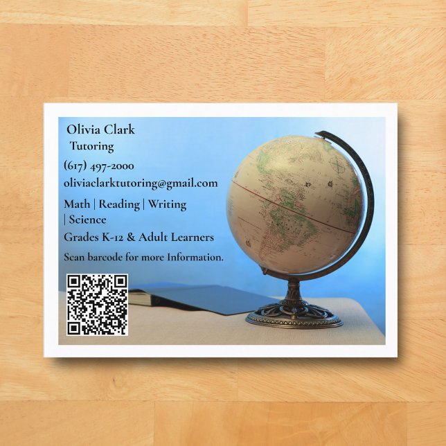 White QR Code Tutor Teacher Globe & Book Classroom Visitenkarte (White Globe  Business Card for Teacher )