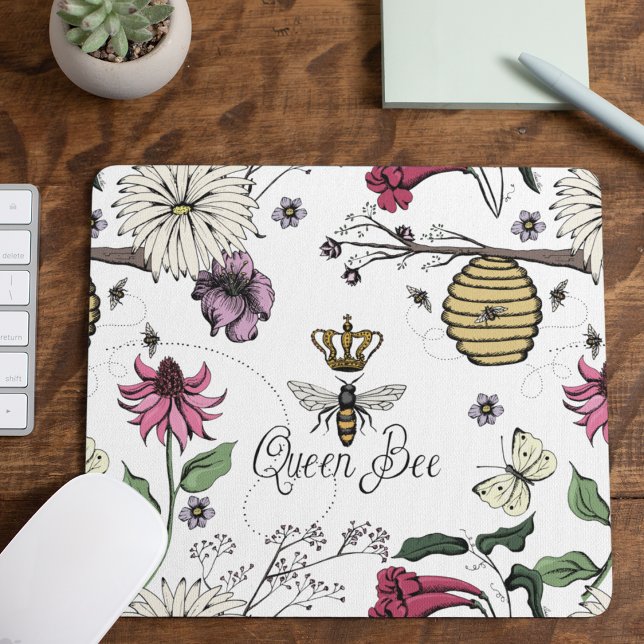 White Queen Bee Crown Floral Mousepad (White Queen Bee Royal Crown Floral Pattern with Queen Bee, Crown, Exotic flowers, bees, beehive)