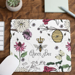 White Queen Bee Royal Crown Floral Pattern Mousepad