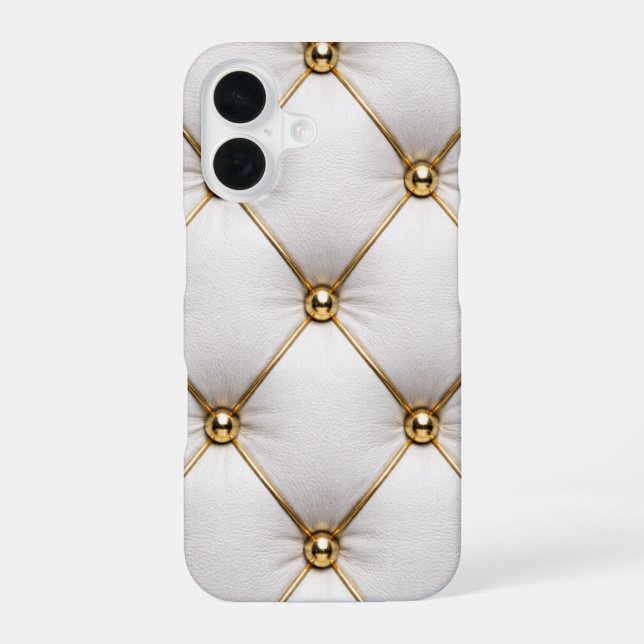 White Quilted Leather & Gold Studs Phone Case iPhone 16 Hülle (Rückseite)