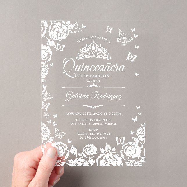 White Quinceanera Roses Butterflies Acryleinladungen (Insitu (Handheld))