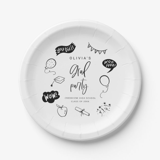 White Quirky Grad Icons Graduation Party Pappteller (Vorderseite)
