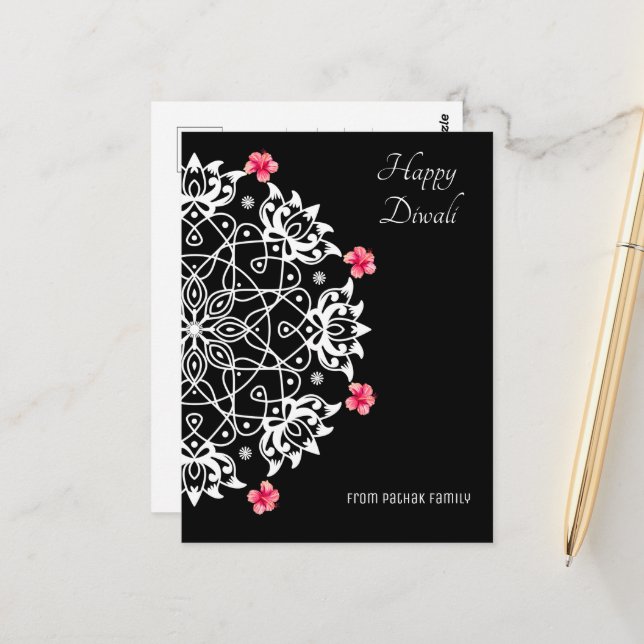 White Rangoli mit Hibiskus Postcard Postkarte (Vorderseite/Rückseite Beispiel)