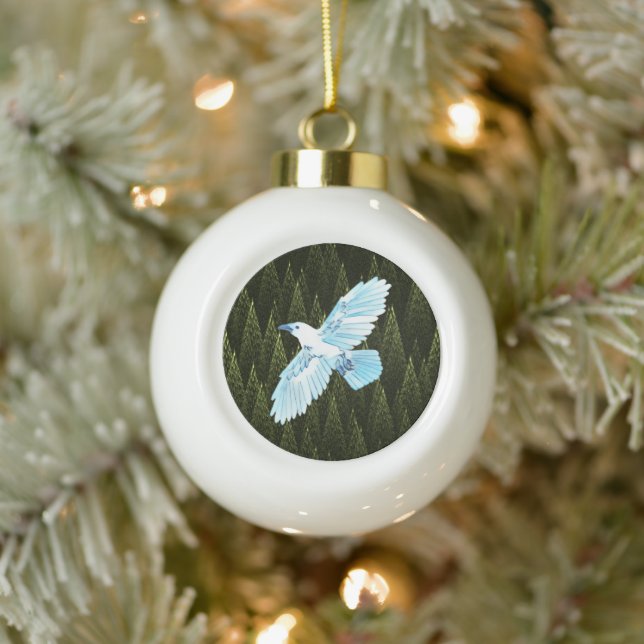 White Raven on Fraktal Conifers Keramik Kugel-Ornament (Baum)