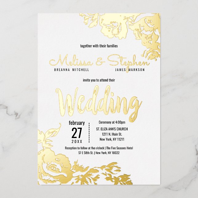 White Real Gold Floral Wedding Folieneinladung (Vorderseite)