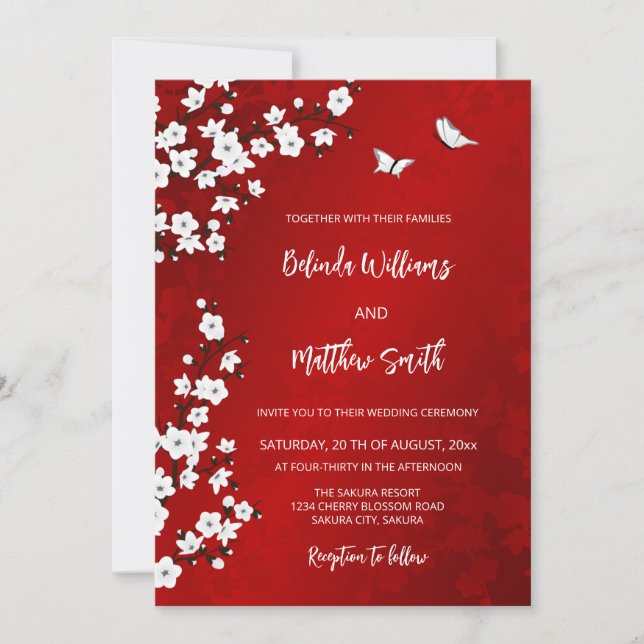 White  Red Cherry Blossom | Wedding Einladung (Vorderseite)
