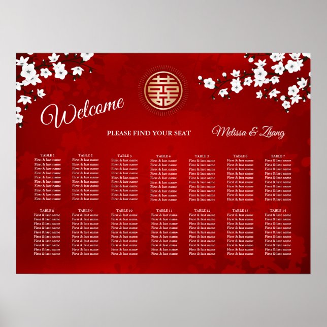 White Red Chinese Wedding Seating Chart Poster (Vorne)