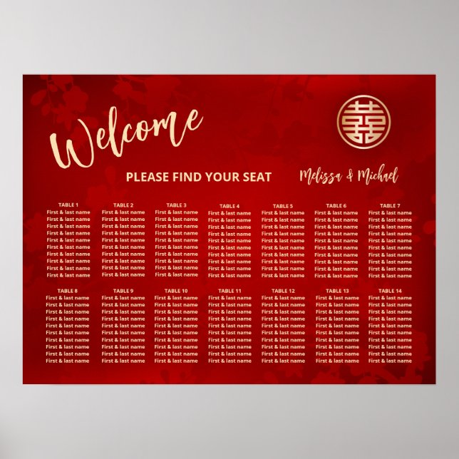 White Red Chinese Wedding Seating Chart Poster (Vorne)