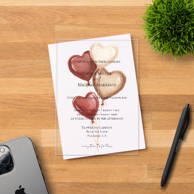 White Red Cream Heart Balloons Wedding Acryleinladungen (Insitu (Einladungskarte))