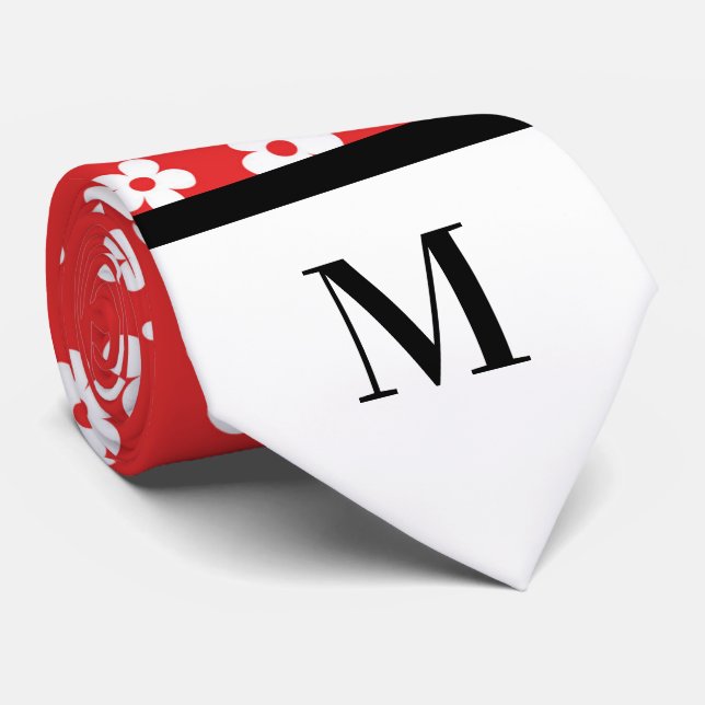 White & Red Daisies Monogramed Necktie Krawatte (Gerollt)