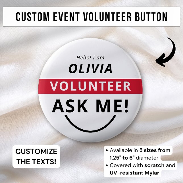 White Red Frag Me Volunteer Abzeichen Event Name T Button (Von Creator hochgeladen)