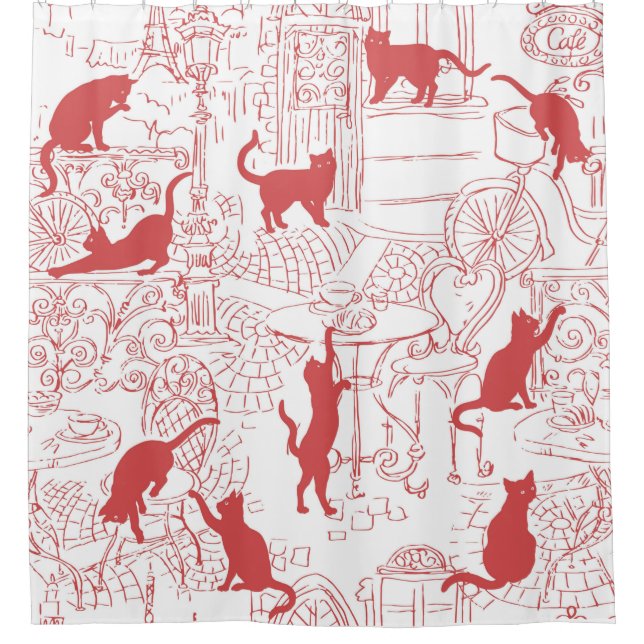 White Red French Cat Paris Café Dusche Vorhang (Vorderseite)