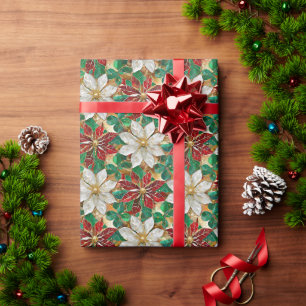 White Red Green Gold Poinsettia Geschenkpapier