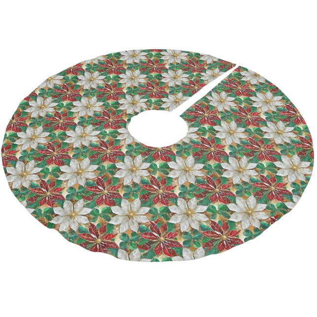White Red Green Gold Poinsettia Polyester Weihnachtsbaumdecke (Schrägansicht)