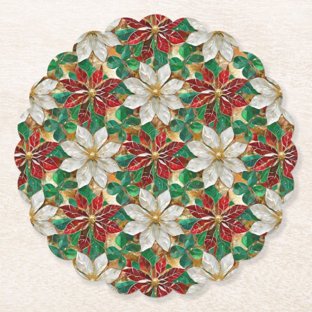 White Red Green Gold Poinsettia Untersetzer (Vorderseite)