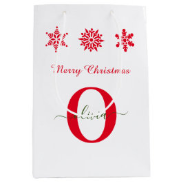 White Red Green Monogram Script Frohe Weihnachten Mittlere Geschenktüte