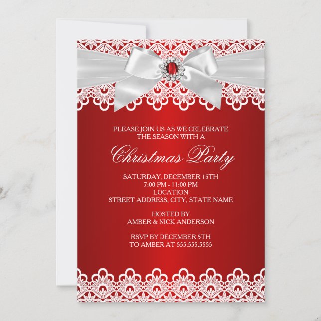White Red Lace Jewel Bow Weihnachtsfest Party Einl Einladung (Vorderseite)