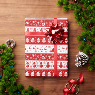 White & Red Santa Face und Snowman Pattern Geschenkpapier