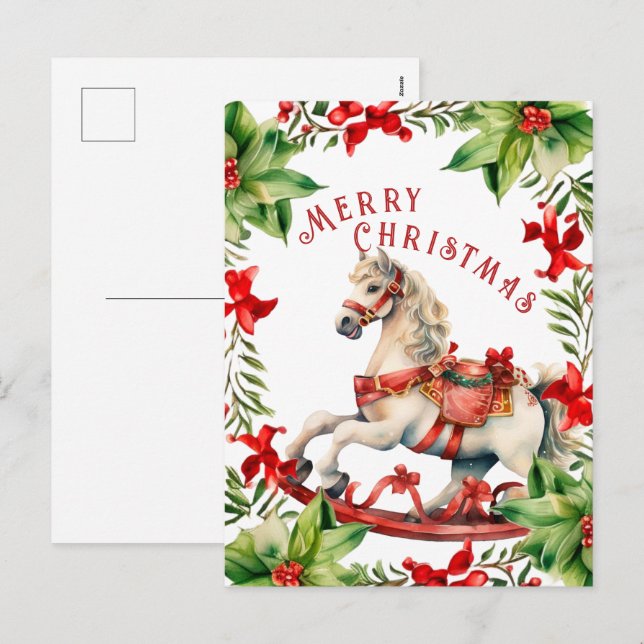 White Red Vintag Rocking Horst Weihnachten Postcar (Vorne/Hinten)