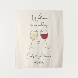 White Red Wine Glass Wedding Welcome Wandteppich