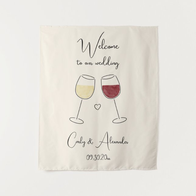 White Red Wine Glass Wedding Welcome Wandteppich (Vorderseite)