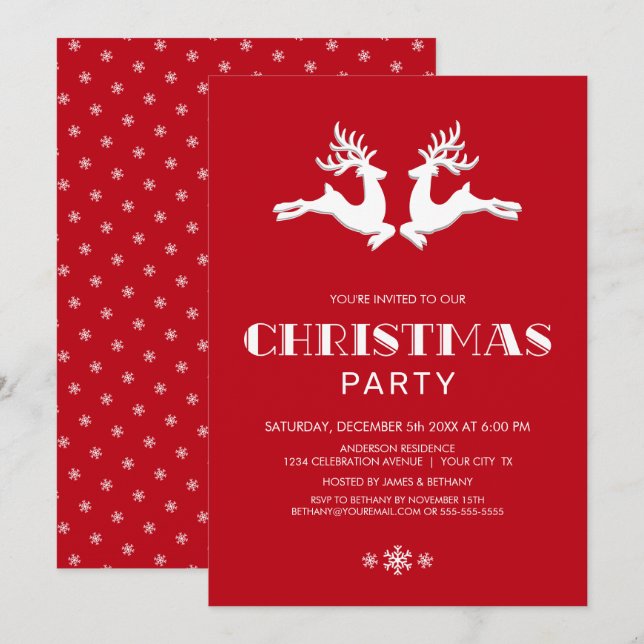 White Reindeer Red Christmas Party Einladung (Vorne/Hinten)