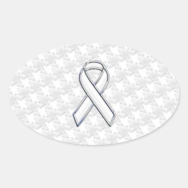 White Ribbon Awareness Hahnentrittmuster im Chrome Ovaler Aufkleber (Vorderseite)