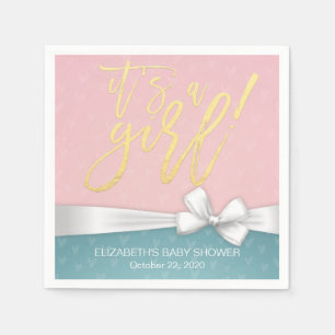 White Ribbon Gold Script Blue Pink Baby Dusche Serviette
