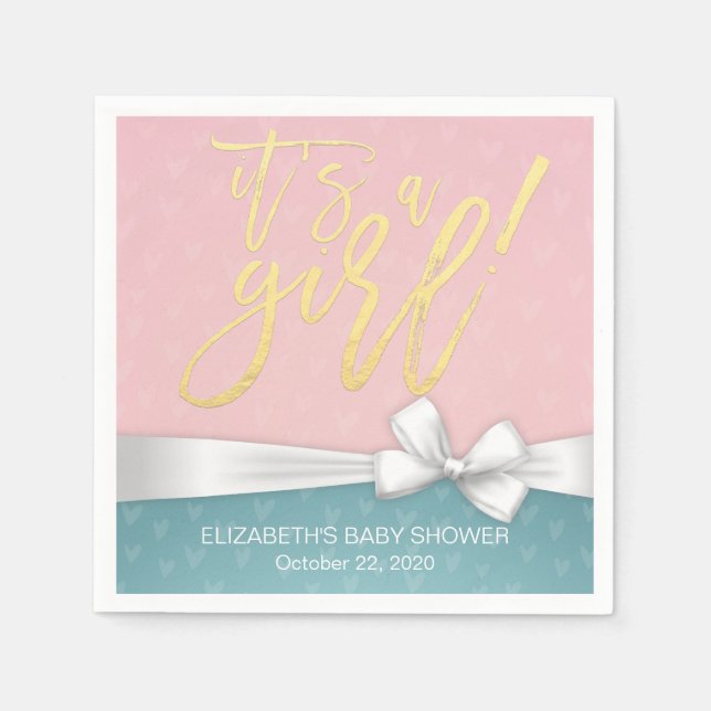 White Ribbon Gold Script Blue Pink Baby Dusche Serviette (Vorderseite)