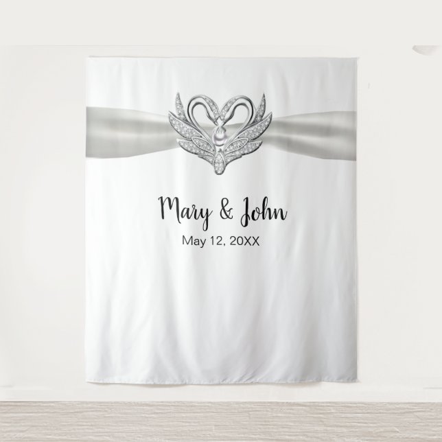 White Ribbon Silver Swans Hochzeitskugel Wandteppich (Vorderseite)