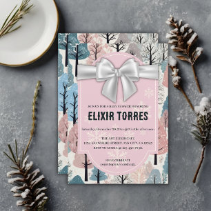 White Ribbon Winter Forest Snowflakes Babydusche Einladung