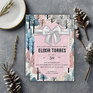 White Ribbon Winter Forest Snowflakes Babydusche Einladung