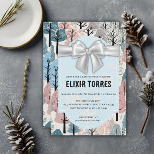 White Ribbon Winter Forest Snowflakes Babydusche Einladung