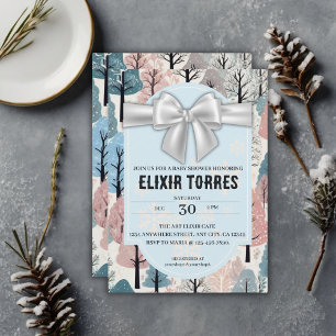 White Ribbon Winter Forest Snowflakes Babydusche Einladung