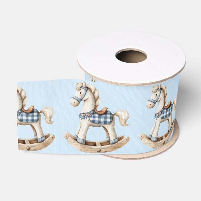 White Rocking Horse Blue Checkered Saddle  Ripsband (Spule)