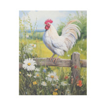 White Rooster Stehend auf Fence and Daisises
