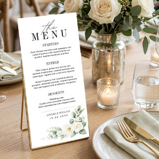 White Rose and Greenery Wedding Menu Card Menükarte