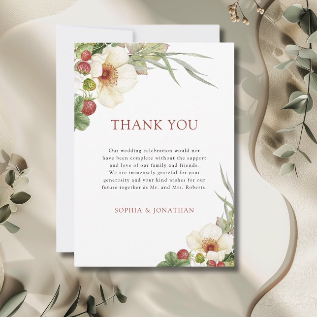White Rose and Wild Strawberry Wedding Dankeskarte (White Rose and Wild Strawberry Wedding Thank You Card with Envelope)