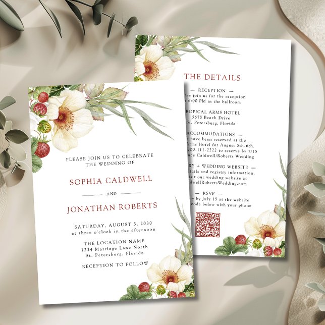 White Rose and Wild Strawberry Wedding Einladung (White Roses and Wild Strawberries Wedding Invitations)