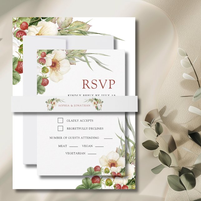 White Rose and Wild Strawberry Wedding Einladungsbanderole (White Rose and Wild Strawberry Wedding Invitation Belly Band)