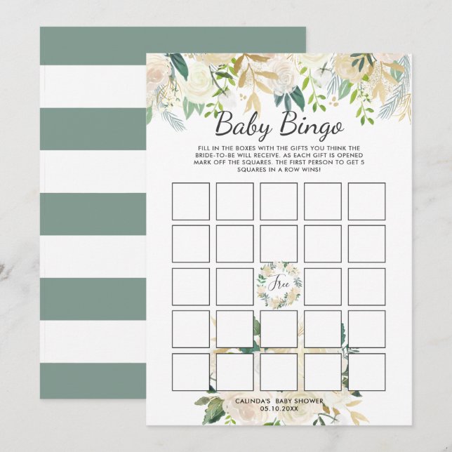 White Rose | Baby Shower Bingo Game Einladung (Vorne/Hinten)