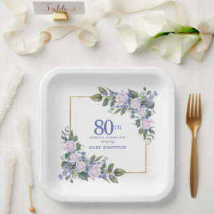 White Rose Blue Floral Custom 80. Geburtstagsparty Pappteller