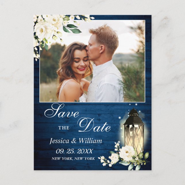 White Rose Blue Wood FOTO Wedding Save the Date Postkarte (Vorderseite)